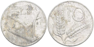 ИТАЛИЯ 10 ЛИР 1955 R, ПЛУГ, КОЛОСЬЯ KM 93 алюминий 175-346