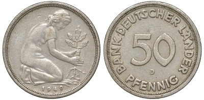 ФРГ 50 пфеннигов 1949 D KM 104, J. 379 медно-никель 4132-626