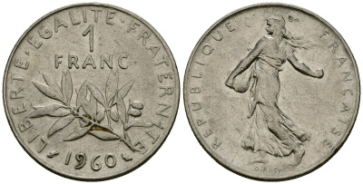 Франция 1 франк 1960 сеятель KM 925.1, Le Franc 226.4 никель 4138-254