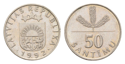 Латвия 50 сантимов 1992 KM 13 медно-никель 105-1146