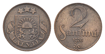 Латвия 2 сантима 1928 KM 2 бронза 4689-923