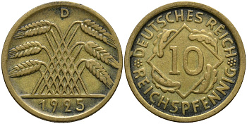Германия 10 рейхспфеннигов 1925 D KM 40 алюминиевая бронза 4171-336