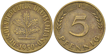 ФРГ 5 пфеннигов 1950 J KM 107, J. 382 сталь плакированная латунью 55-1256