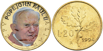 Италия 20 лир 1994 Иоанн Павел II, цветная эмаль KM 97 алюминиевая бронза UNC 4572-1212