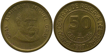 Перу 50 сентимо 1987 KM 295, Schon 96 латунь 4541-411