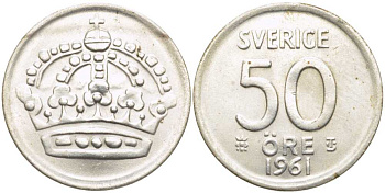 Швеция 50 эре 1961 TS, Густав VI Адольф (1950-1973) KM 825 серебро 119-1052