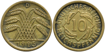 Германия 10 рейхспфеннигов 1925 D KM 40 алюминиевая бронза 4171-336