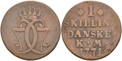 ДАНИЯ 1 СКИЛЛИНГ 1771 КРИСТИАН VII (1766-1808) KM 616 (С47) медь 4545-1216