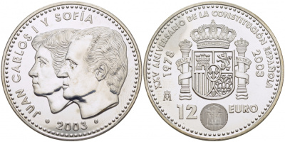 Испания 12 евро 2003 Карлос и София, 25 лет Конституции Испании KM 1051 серебро UNC 1077-10-22