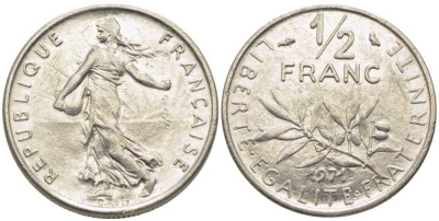 ФРАНЦИЯ 1/2 ФРАНКА 1971 СЕЯТЕЛЬ KM 931.1, LE FRANC 198.10 никель 175-941