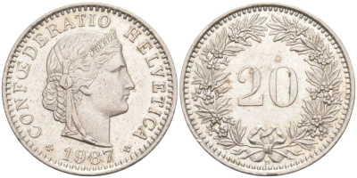 ШВЕЙЦАРИЯ 20 РАППЕНОВ 1987 В KM 29a медно-никель 55-1026