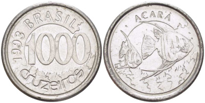 Бразилия 1000 крузейро 1993 реформа 1990-1993, рыбка Акара KM 626 нержавеющая сталь 26-858