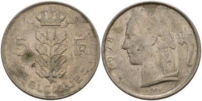 Бельгия 5 франков 1978 Belgique, Бодуэн I (1951-1993) KM 134 медно-никель 4156-653