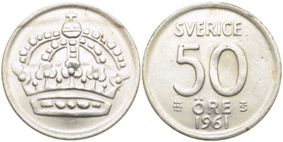 Швеция 50 эре 1961 TS, Густав VI Адольф (1950-1973) KM 825 серебро 119-1052
