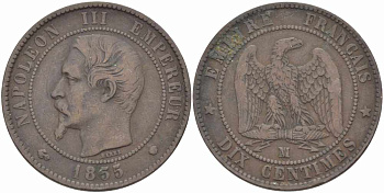 ФРАНЦИЯ 10 САНТИМОВ 1855 MA, НАПОЛЕОН III (1852-1870) KM 771.6, LE FRANC 133.29 бронза 38-1134