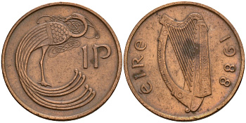 Ирландия 1 пенни 1988 мифологическая птица лира KM 20 бронза 4141-237