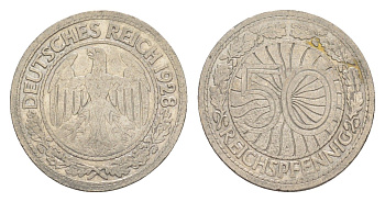 Германия 50 рейхспфеннигов 1928 A KM 49, J. 324 никель 4549-1141