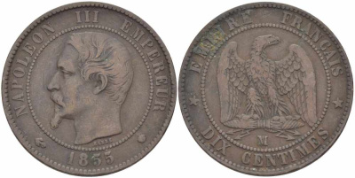 Франция 10 сантимов 1855 MA, Наполеон III (1852-1870) KM 771.6, Le Franc 133.29 бронза    4680-534