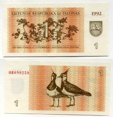 ЛИТВА 1 ТАЛОН 1992 ПТИЧКИ ЧИБИСЫ Pick 39, Сергеев 31 бумага UNC (ПРЕСС) 8589-7-1-1