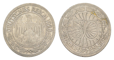 Германия 50 рейхспфеннигов 1928 A KM 49, J. 324 никель 4549-1141