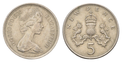 Великобритания 5 пенсов 1968 Елизавета II (1952-2022) KM 911, Spink 4233 (D1) медно-никель 4671-1154