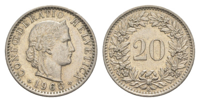 Швейцария 20 раппенов 1968 B KM 29a медно-никель 4625-1154