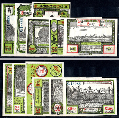 Зольдин (Пруссия, Бранденбург) полный набор из 6 нотгельдов (25, 50 и 75 пфеннигов; 1 и 2 марки) 1921 Mehl Grabowski 1235 бумага UNC (пресс) 7556-68-1-2