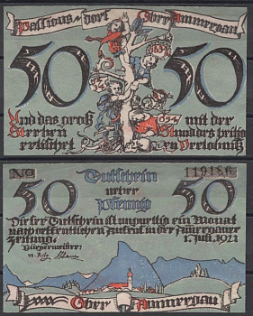 Обераммергау 50 пфеннигов 1921 Mehl Grabowski 992.2a-2/3 бумага UNC (пресс) 8613-22-2-2