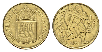 Сан-Марино 20 лир 1973 KM 26 алюминиевая бронза UNC 4511-854