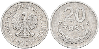 Польша 20 грошей 1965 MW KM А47 алюминий    4174-668