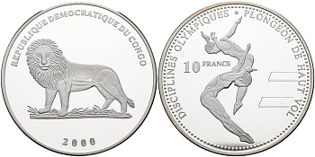 Конго 10 франков 2000 олимпийские дисциплины, прыжки в воду KM 45 серебро PROOF 04-319-12