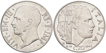 ИТАЛИЯ 20 ЧЕНТЕЗИМО 1941 R, ГОД XIX, ВИКТОР ЭММАНУИЛ III (1900-1946) KM 75b, VEM3. 1028 нержавеющая сталь 3853-1055