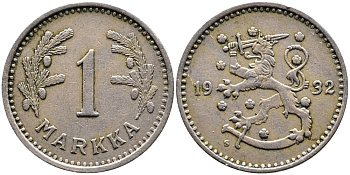 ФИНЛЯНДИЯ 1 МАРКА 1932 S KM 30 медно-никель 4388-1012