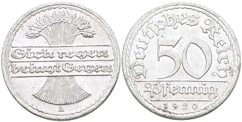 ГЕРМАНИЯ 50 ПФЕННИГОВ 1920 A KM 27, J. 301, Weege 10 алюминий 261-313