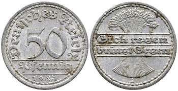 ГЕРМАНИЯ 50 ПФЕННИГОВ 1921 A KM 27, J. 301 алюминий 24-1032