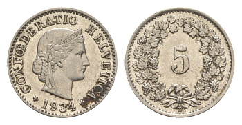 Швейцария 5 раппенов 1934 B KM 26 медно-никель 4627-126
