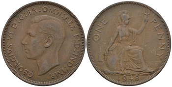 Великобритания 1 пенни 1948 Георг VI (1936-1952) KM 845, Spink 4114 бронза 4607-1235