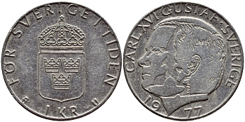 Швеция 1 крона 1977 Карл XVI Густав (1973- ) KM 852 медь плакированная медно-никелем 4397-814
