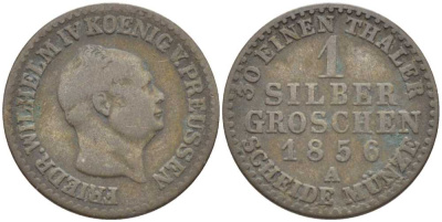 ПРУССИЯ 1 ГРОШ 1856 А, ФРИДРИХ ВИЛЬГЕЛЬМ IV (1840-1861) KM 462 серебро 201-634