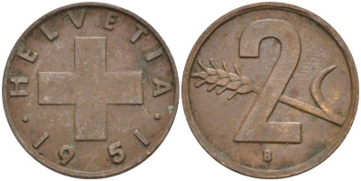 Швейцария 2 раппена 1951 В KM 47 бронза 4591-1116