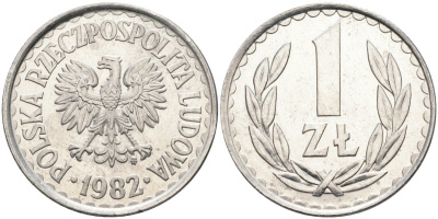 Польша 1 злотый 1982 MW, Народная Республика KM 49.1, Parchimowicz 213u алюминий UNC 4182-537