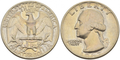 США 25 центов (квотер) 1967 Вашингтон KM 164а медь плакированная медно-никелем 4546-1246