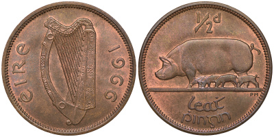 ИРЛАНДИЯ 1/2 ПЕННИ 1966 СВИНЬЯ С ПОРОСЯТАМИ KM 10 бронза UNC 4391-712