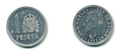 Испания 1 песета 1985 M, Хуан Карлос I (1975-2014) KM 821 алюминий 54-223