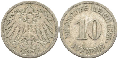 ГЕРМАНИЯ 10 ПФЕННИГОВ 1896 А KM 12, J. 13 медно-никель 210-627