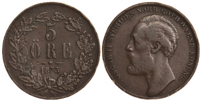 Швеция 5 эре 1873 Оскар II (1872-1907) король Швеции и Норвегии KM 730 бронза 81-333