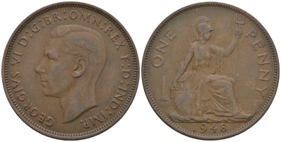 Великобритания 1 пенни 1948 Георг VI (1936-1952) KM 845, Spink 4114 бронза 4607-1235
