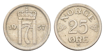 Норвегия 25 эре 1957 Улаф V (1957-1991) KM 401 медно-никель 4705-844