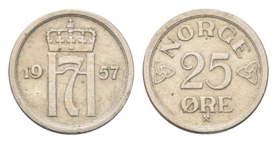 Норвегия 25 эре 1957 Улаф V (1957-1991) KM 401 медно-никель 4705-844