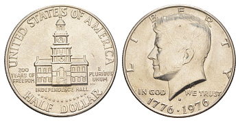 США 1/2 доллара (50 центов) 1976 D, 200 лет независимости, Джон Кеннеди KM 205 медь плакированная медно-никелем aUNC 4565-523